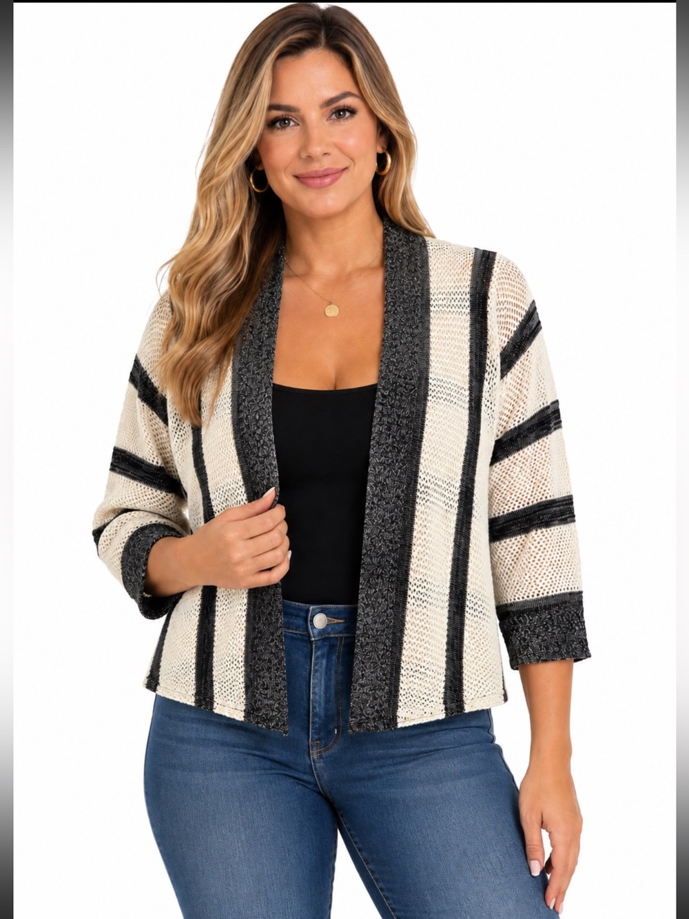 Lucy Diamonds Women’s Open Knit Striped Cardigan Black Ivory 3/4 Sleeve - Size L